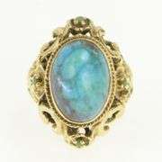 14K Yellow Gold Oval Turquoise Ornate Floral Filigree Vintage Ring