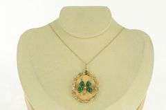 14K Yellow Gold 1960's Green Chalcedony Clover Filigree Pendant
