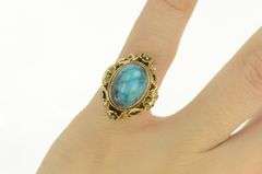 14K Yellow Gold Oval Turquoise Ornate Floral Filigree Vintage Ring