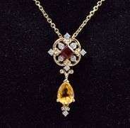 Stunningly Beautiful 14K Yellow Gold Necklace and Earrings Jewelry Set with Red garnet, Citrine, and