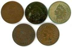 5 Different Indian Head Cents Including 1864-L