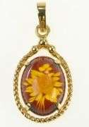 14K Yellow Gold Vintage Ornate Carved Rose Flower Glass Pendant