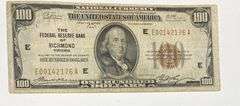 $100 Richmond 1929 Brown Seal National Currency Note