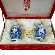 Two Chinese Blue and White Porcelain Lidded Ginseng Canisters with Powder Sealed and in Original Box