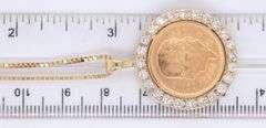 21.6K Yellow gold Mexico gold 5 coin Peso with diamond bezel pendant on Italian box chain necklace