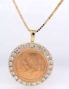 21.6K Yellow gold Mexico gold 5 coin Peso with diamond bezel pendant on Italian box chain necklace