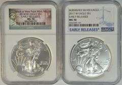 2 NGC MS70 graded 2014-W & 2017-W $1 Silver Eagles. Early Releases