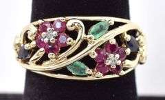 Beautiful 10K Yellow Gold Multi-Gemstone Flower Band Ring