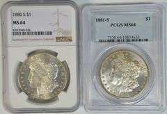 Bright-white near Gem BU 1880-S & 1881-S Morgan Silver Dollars. MS64