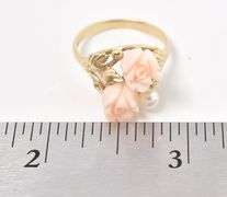 Adorable 14K Yellow Gold Ceramic Roses and Peal Ring