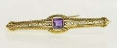 14K Yellow Gold Victorian Ornate Amethyst Filigree Bar Pin/Brooch