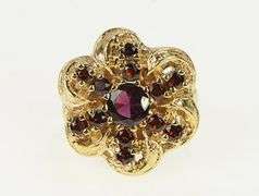 10K Yellow Gold Ornate Garnet Flower Cluster Vintage Cocktail Ring