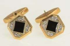 14K Yellow Gold Art Deco Black Onyx Diamond Vintage Cuff Links