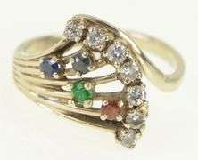 14K White Gold Retro Diamond Emerald Sapphire Ruby Ring
