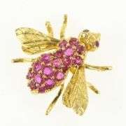 18K Yellow Gold Ruby Encrusted Fly Bug Insect Statement Pin/Brooch