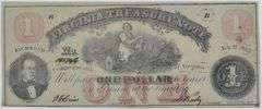 July 21 1862 $1 Virginia Treasury Note, Almost Uncirculated.