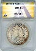 1899-O Morgan Silver Dollar in ANACS MS65