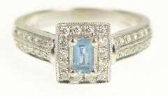 14K White Gold Emerald Cut Blue Topaz Diamond Halo Ring