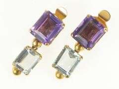 14K Yellow Gold Emerald Cut Amethyst Blue Topaz Dangle Clip Earrings