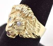 Mighty 14K Yellow Gold Lion Ring with Ruby and Diamond Gemstones