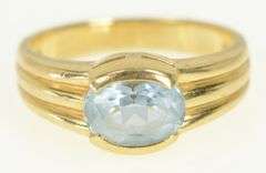 14K Yellow Gold Oval Blue Topaz Grooved Statement Ring