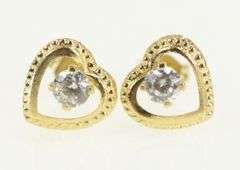 14K Yellow Gold Vintage Heart CZ Love Symbol Stud Earrings