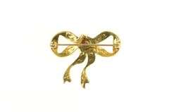 14K Yellow Gold Victorian Ruby Pearl Bow Ribbon Vintage Pin/Brooch