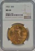 Nearly Gem BU 1922 $20 Liberty Gold Piece. NGC MS64