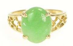 14K Yellow Gold Oval Jadeite Cabochon Scalloped Filigree Ring