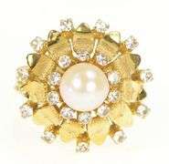 14K Yellow Gold 1950's Retro Pearl CZ Cocktail Halo Cluster Ring