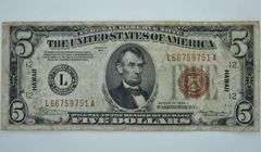Series 1934 A WW2 Hawaii Emergency Issue $5 Federal Reserve Note, Circulated.