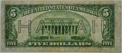 Series 1934 A WW2 Hawaii Emergency Issue $5 Federal Reserve Note, Circulated.