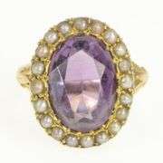 14K Yellow Gold Victorian Oval Amethyst Seed Pearl Cocktail Ring