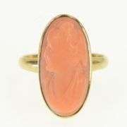 14K Yellow Gold Oval Carved Victorian Coral Cameo Vintage Ring