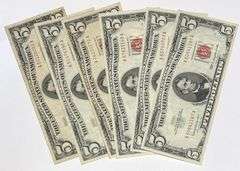 6 Clean 1963 $5 Red Seal US Notes