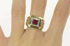 14K Yellow Gold 1.00 Ctw Princess Syn. Ruby Diamond Squared Ring