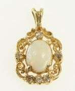 14K Yellow Gold Opal Diamond Ornate Oval Statement Charm/Pendant
