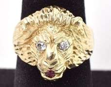 Mighty 14K Yellow Gold Lion Ring with Ruby and Diamond Gemstones