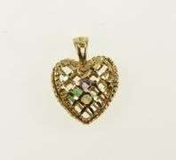 10K Yellow Gold Emerald Opal Amethyst Filigree Heart Love Pendant