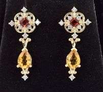 Stunningly Beautiful 14K Yellow Gold Necklace and Earrings Jewelry Set with Red garnet, Citrine, and