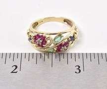 Beautiful 10K Yellow Gold Multi-Gemstone Flower Band Ring