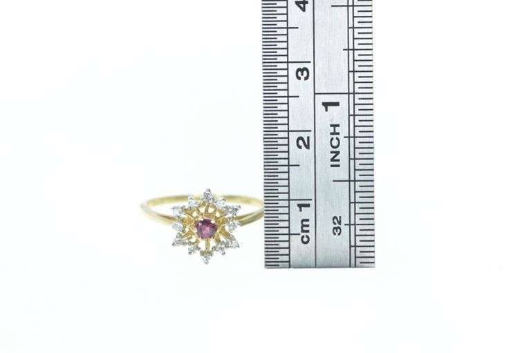 14K Yellow Gold Ruby Diamond Floral Halo Cocktail Ring