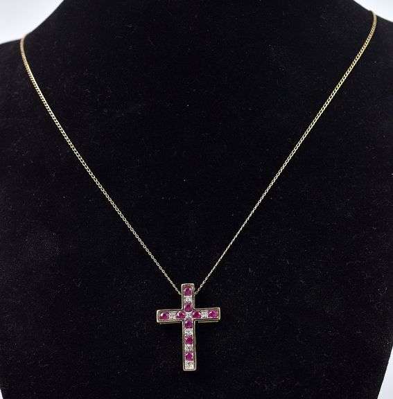 Holy 10K Yellow Gold Cross Pendant Necklace with Sapphire and Ruby Gemstones