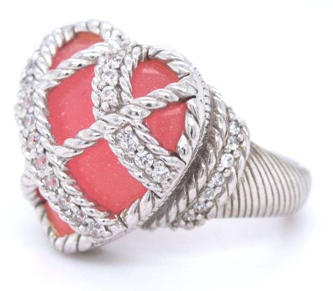 Judith Ripka Caged pink red heart shaped cuff bangle and matching ring