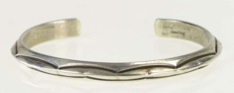 Sterling Silver Douglas Etsitty Navajo Stamped Cuff Bracelet