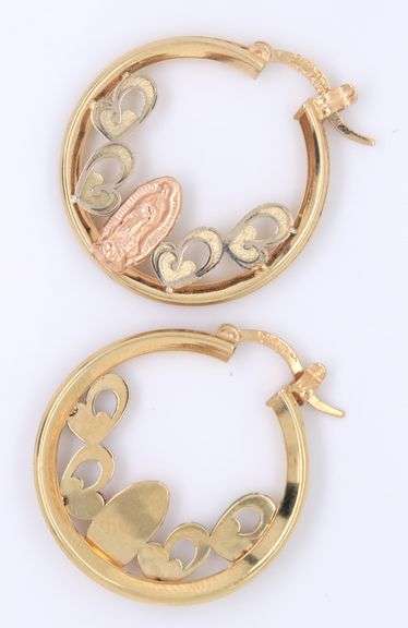 14kt Yellow gold religious hoop earrings