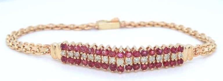 Set of 14kt Yellow gold diamond and ruby necklace, bracelet, ring and matching earrings