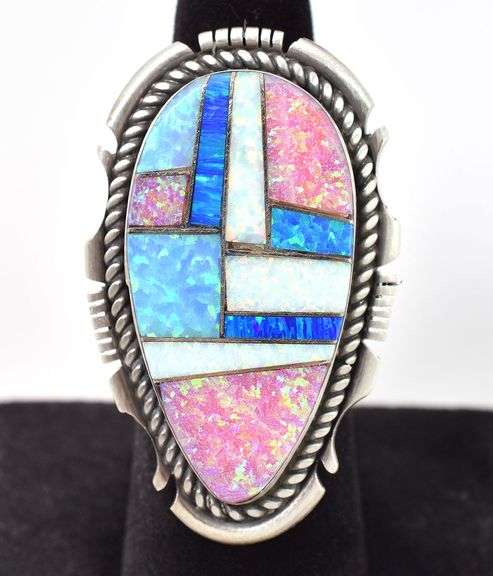 Large Multi Gemstone Inlay Ring, Sterling