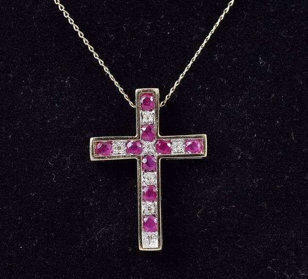 Holy 10K Yellow Gold Cross Pendant Necklace with Sapphire and Ruby Gemstones