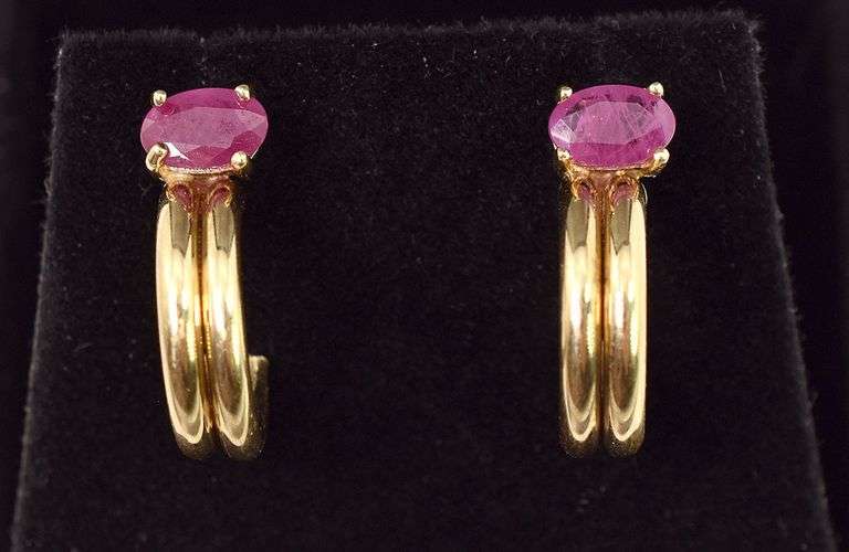 Superb 14K Yellow Gold Ruby Gemstone J-Hoop Earrings